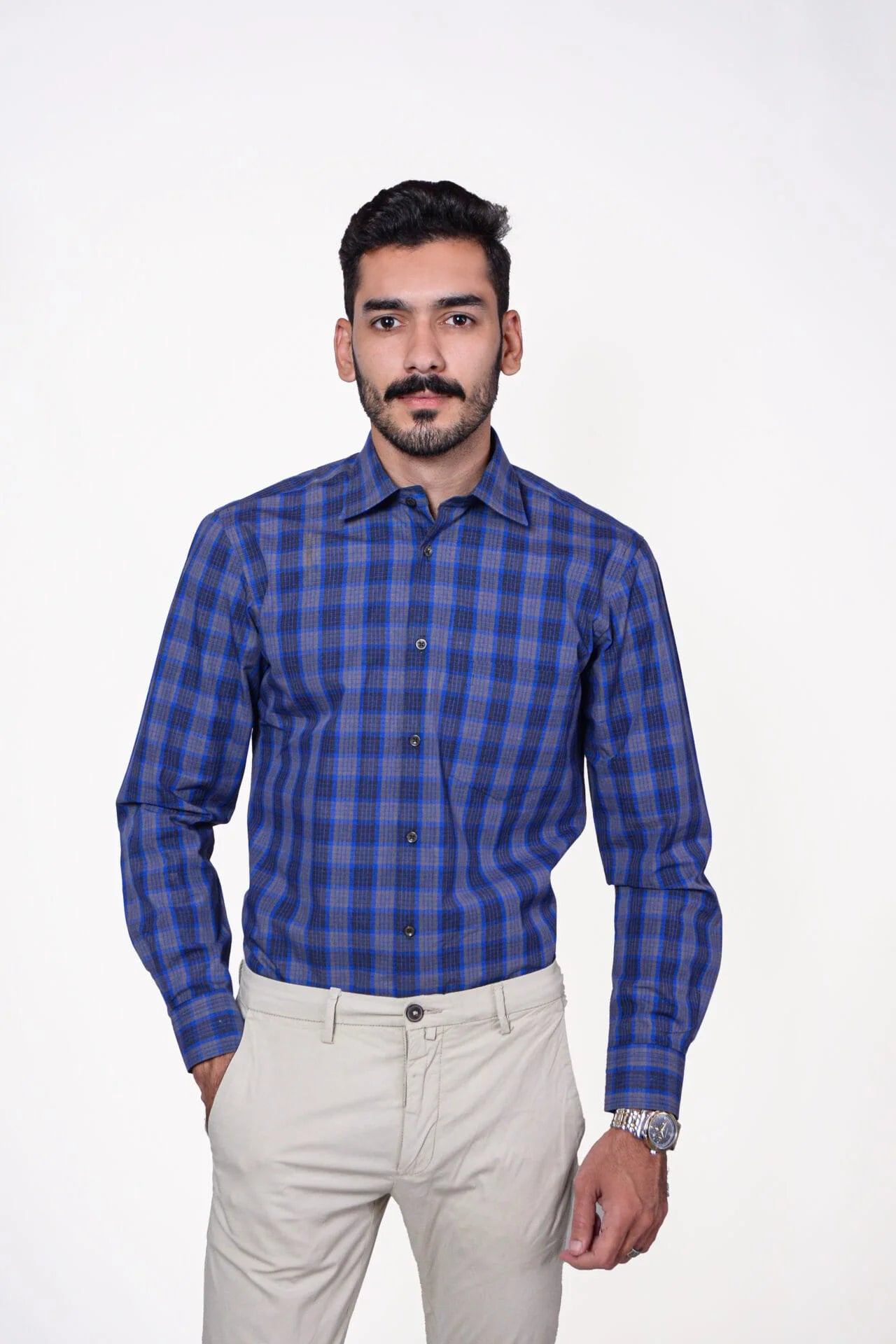 Firdous Blue & Grey Check Menβs Formal Shirt Cotton